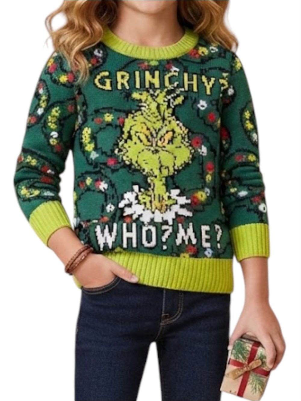 DR SEUSS Green The Grinch Holiday Sweater Girls 6-8Y Christmas Novelty